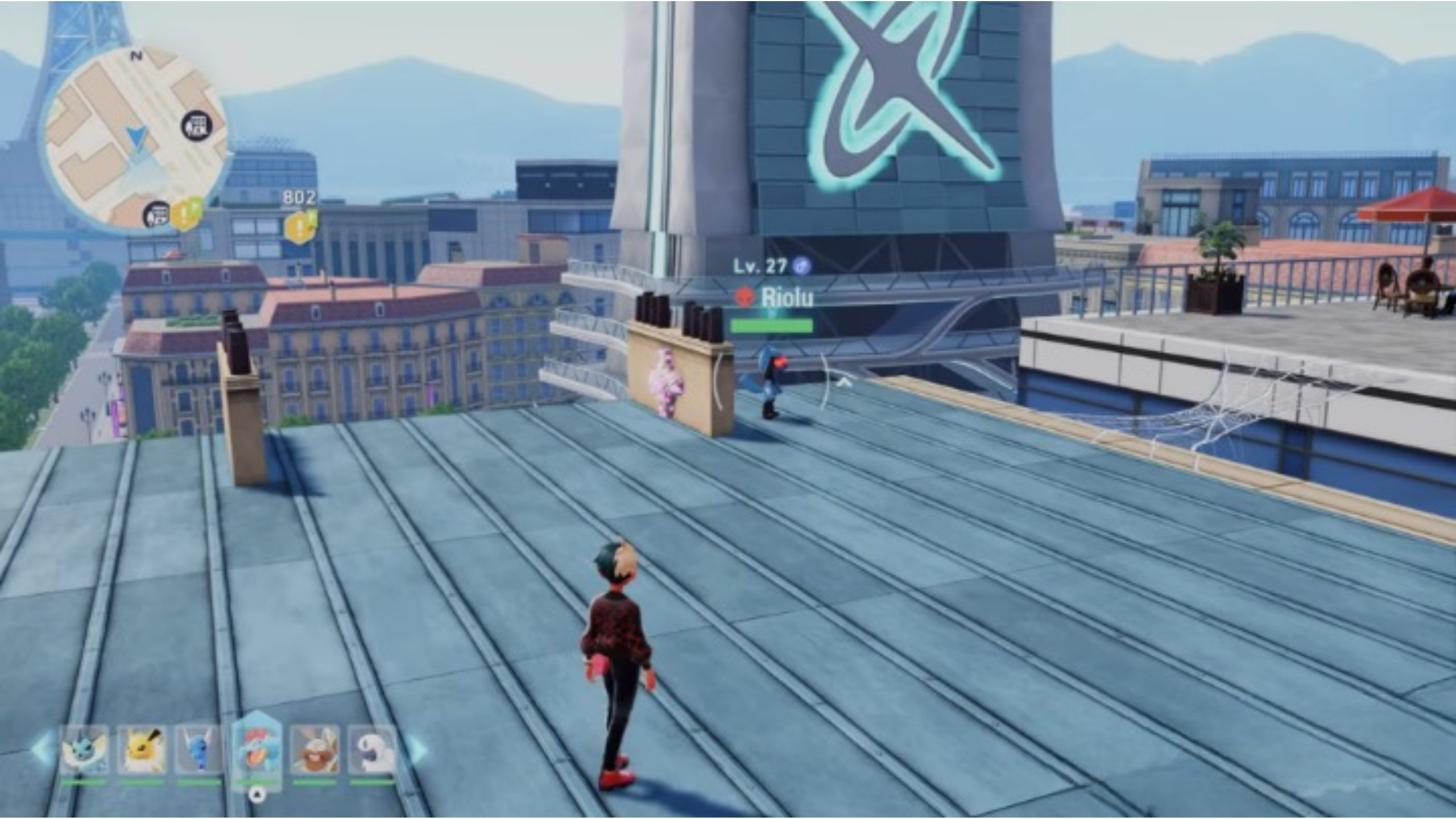 Catching Riolu on rooftops in Pokémon Legends Z-A Lumiose City
