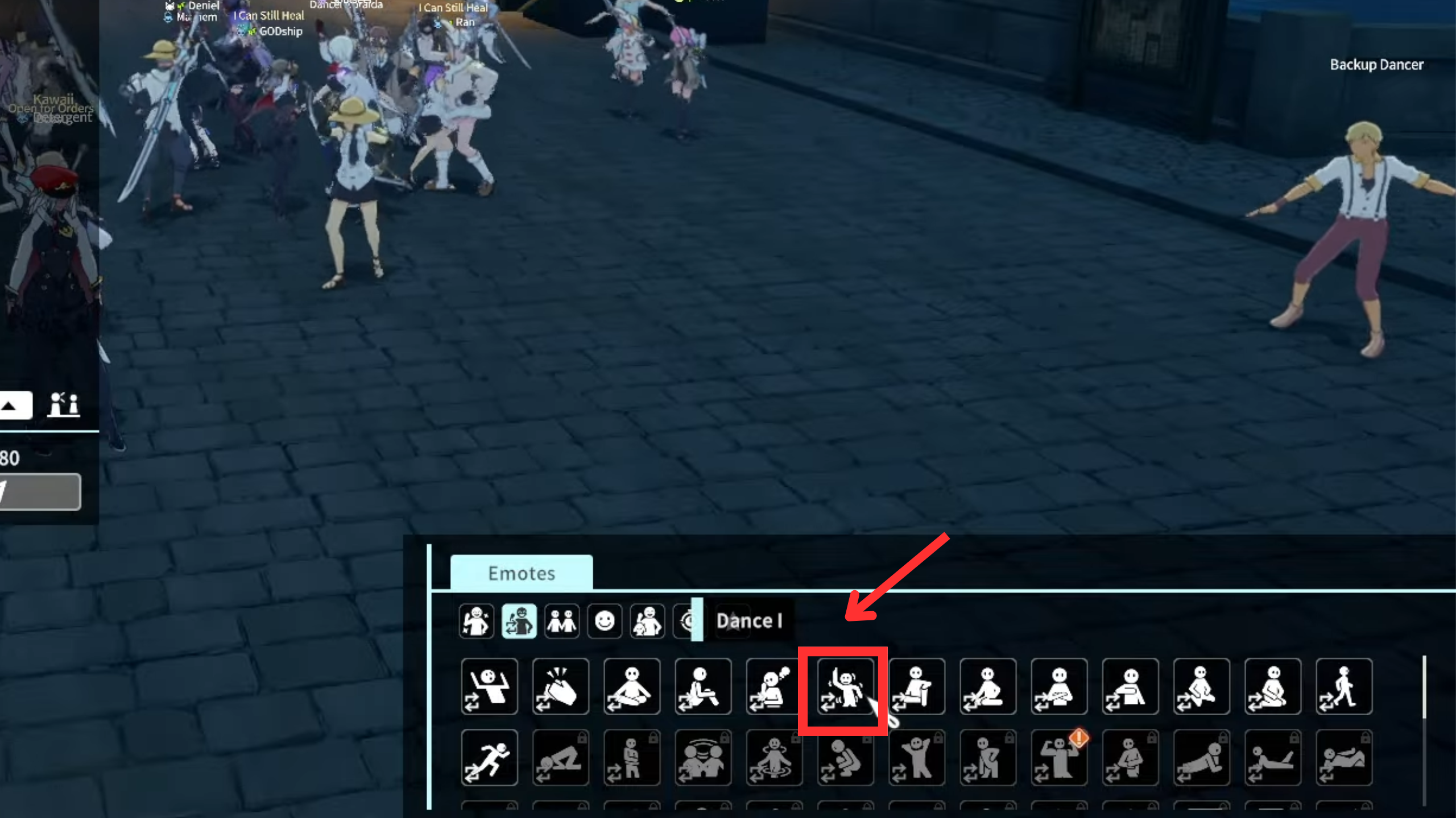 Using the Dance I emote to perform a dance move during the guild event