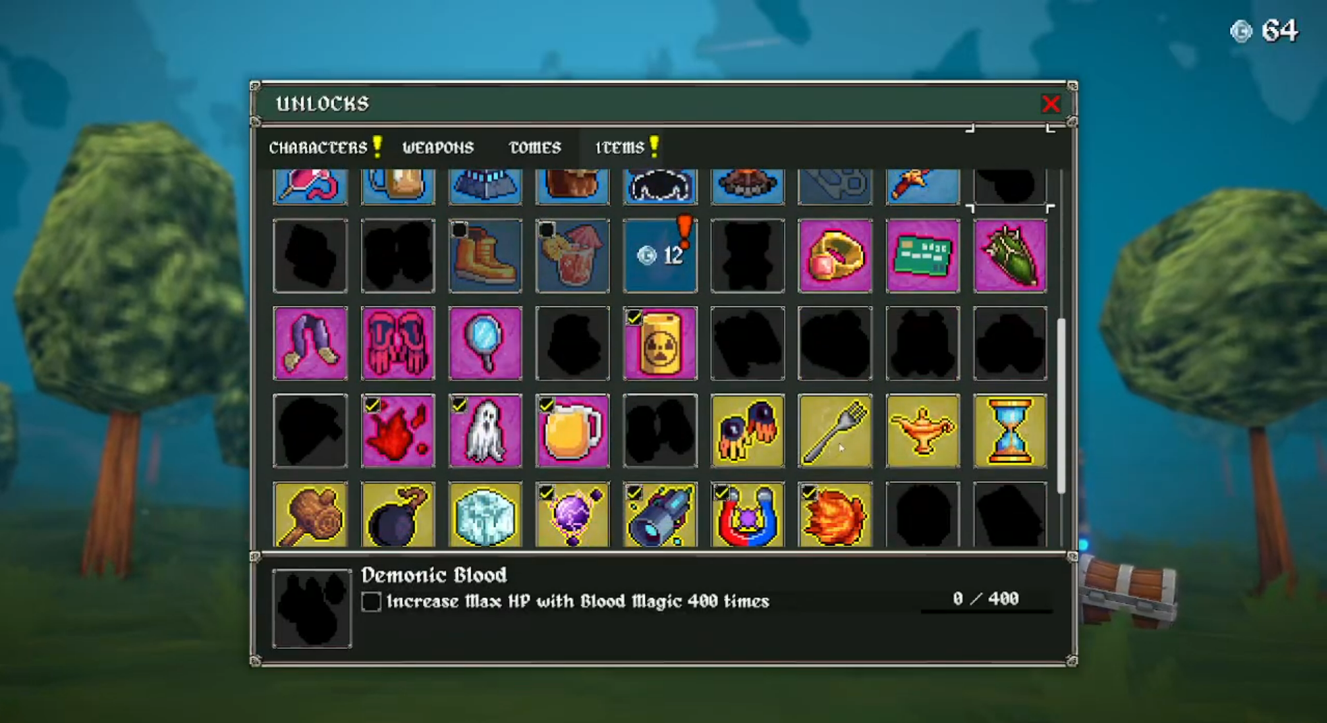 Megabonk item unlock screen showing Demonic Blood